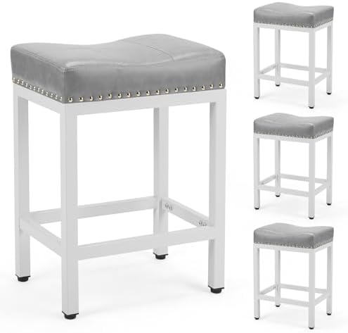 Sweetcrispy Bar Stools Set of 4, 24 Inch Counter Height Stools, PU Leather Upholstered Bar Chairs with Footrest, Modern Bar Stools for Kitchen Island, Dining, Living Room, Grey