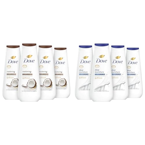 Dove Body Wash Restoring Coconut & Cocoa Butter 4 Count & Body Wash Deep Moisture 4 Count For Dry Skin Moisturizing Skin Cleanser with 24hr Renewing MicroMoisture Nourishes