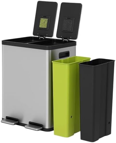 Simpli-Magic 16 Gallon (60L) Step Trash Can – Dual Compartment Kitchen Garbage Can with Waste & Recycling Bins – Slow-Close Lid, Odor Control, Hands-Free, Inner Bases, Premium Stainless Steel