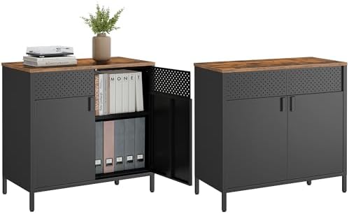 SONGMICS Set of 2 Storage Cabinets, Metal Cabinet, Sideboard with 2 Doors, 15.7 x 31.5 x 29.9 Inches, Magnetic Closure, Adjustable Shelf, Steel Frame, Rustic Brown and Black ULSC791B01