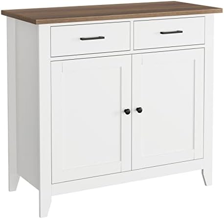 HORSTORS Kitchen Storage Cabinet, Modern Farmhouse Buffet Cabinet with Storage, Coffee Bar with 2 Drawers and 2 Doors, Floor Sideboard Buffet for Living Room, Dining Room, Bathroom, Ivory White
