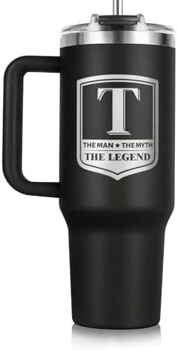 Gifts for Men, Initial 40oz Tumbler with handle and straw, Personalized Birthday Gifts for Men, Him, Dad, Grandpa, Husband, Monogrammed The Man The Myth The Legend Cup for Coffee, Tea (T)
