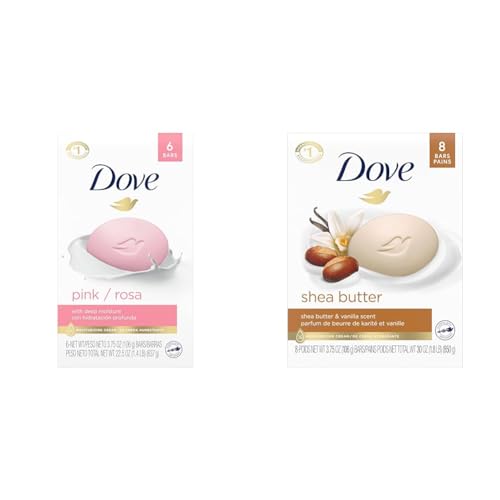 Dove Beauty Bar Gentle Skin Cleanser Pink 6 Bars Moisturizing for Soft Care More Than Soap 3.75 oz & Beauty Bar Skin Cleanser for Gentle Soft Skin 3.75 oz 8 Bars