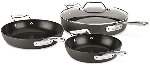 All-Clad Essentials Hard Anodized Nonstick Sauce Pan Set 4 Piece, 8, 10.25 Inch, 4 Quart Oven Broiler Safe 500F Pots and Pans, Cookware Black