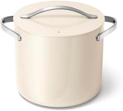 Caraway Stock Pot - 12 Qt Ceramic Coated With Lid - Free From Forever Chemicals - Large for Bigger Batches - Cream