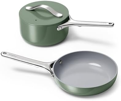 Caraway Mini Cookware Set - Non-Stick Ceramic Fry Pan (1.05 qt, 8") Sauce Pan (1.75 qt) & Storage Rack - Non Toxic, PTFE & PFOA Free - Oven Safe & Stovetop Agnostic (Gas, Electric & Induction) - Sage