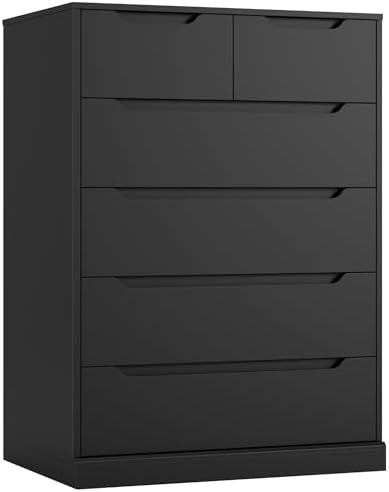 HOSTACK Modern Black 6 Drawer Dresser for Bedroom, Tall Chest of Drawers with Storage, Large Wood Storage Chest Organizer with Cut-Out Handle, Accent Storage Cabinet for Living Room, Entryway, Black
