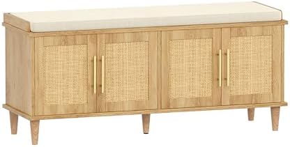 Natural Rattan Shoe Storage Bench with Cushion, Entryway Shoe Cabinet Bench with 2 Doors, 15"D x 47.2"W x 20"H, Wooden Shoe Organizer, Adjustable Shelf, Solid Wood Legs, for Hallway, Bedroom