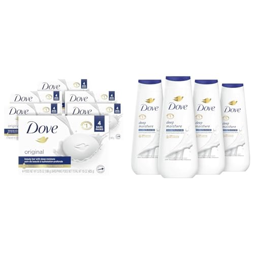 Dove Beauty Bar Original 24 Count Gentle Cleanser Bundle with Deep Moisture Body Wash 4 Count for Dry Skin