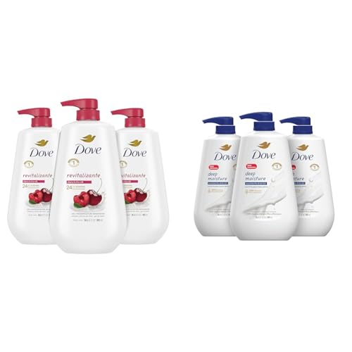 Dove Body Wash with Pump,Revitalizante Cherry & Chia Milk, 3 Count & Body Wash with Pump Deep Moisture For Dry Skin Moisturizing Skin Cleanser with 24hr Renewing Mi