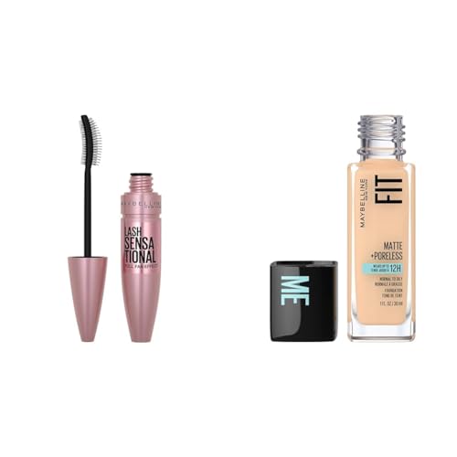Maybelline Lash Sensational Washable Mascara, Lengthening and Volumizing & Fit Me Matte + Poreless Liquid Oil-Free Foundation Makeup, Classic Ivory, 1 Count