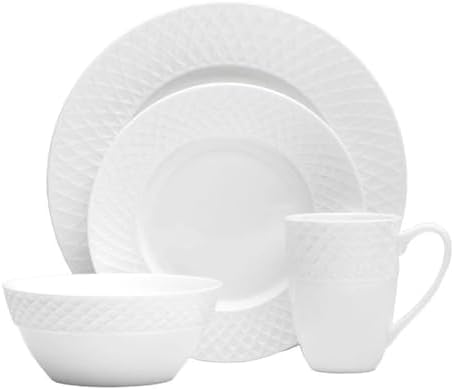 Mikasa Trellis Bone China 16-Piece Dinnerware Set, Service for 4, White Lightweight Porcelain with Textured Design, Chip-Resistant and Dishwasher Safe