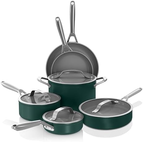 Ninja Ceramic Pro 10-Piece Cookware Set, Non-Stick Pots & Pans Set with Glass Lids, PTFE Free, Ceramic Coated, Oven Safe, All Stovetops & Induction Compatible, British Racing Green, CW39010GN