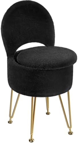 GREENSTELL Vanity Stool Chair with Storage and Folding Back, 15.7" x 15.7" x 19.5" Faux Fur Soft Ottoman for Adults, 4 Metal Legs with Anti-Slip Feet, Furry Padded Seat for Makeup, Bedroom, Black