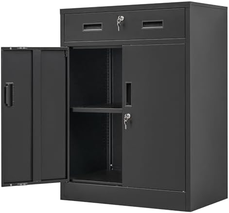 Metal Storage Cabinet, Locking Cabinet with One Drawer and Adjustable Shelf, 36.2" H x 28" W x 16" D Steel Storage Cabinet for Office, Garage, Home-Black