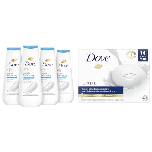 Dove Body Wash Gentle Exfoliating With Sea Minerals 4 Count and Beauty Bar Cleanser Original Made With Moisturizing Cream 3.75 oz 14 Bars Bundle