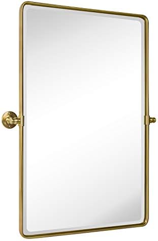 TEHOME Gold Pivot Rectangle Bathroom Vanity Mirrror Farmhouse Tiltable Rounded Metal Framed Pivoting Bathroom Mirror with Beveled Mirrror, Overall 26.91 x 35 inches (Mirrror 23 x 35 inches)