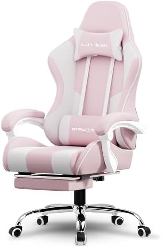 GTPLAYER Gaming Chair with Footrest, Computer Chair with and Lumbar Support, Height Adjustable Game Chair with 360Β°-Swivel Seat and Headrest and for Office or Gaming (Pink-Fabric)