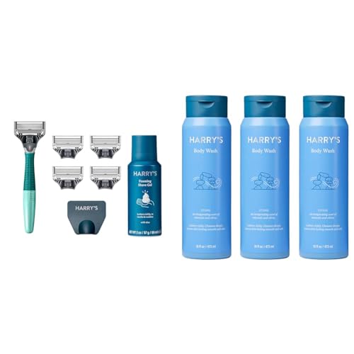 Harry's Razors for Men - Men's Razor Set with 5 Razor Blade Refills, Travel Blade Cover, 2 oz Shave Gel (Sage) & Men's Body Wash Shower Gel - Stone, 16 Fl Oz (Pack of 3)
