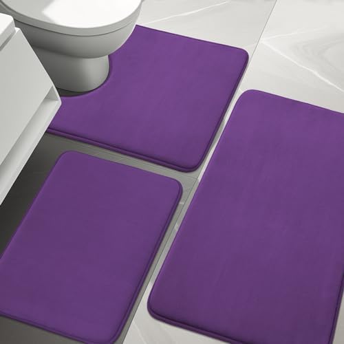YIHOUSE Bathroom Rug Sets 3 Piece, Memory Foam Bath Mat, Non Slip Super Absorbent Soft Bathroom Mats, Machine Washable Bathroom Floor Mats Sets for Sink,Tub, Shower and Toilet, Purple Bath Rug Set