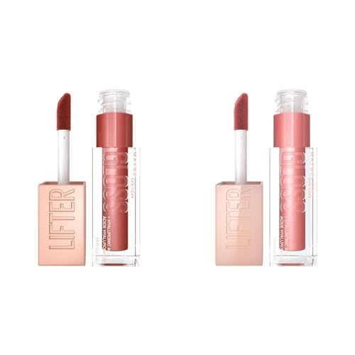 MAYBELLINE Lifter Gloss Hydrating Lip Gloss with Hyaluronic Acid in Rust, Warm Neutral and Moon, Nude Pink