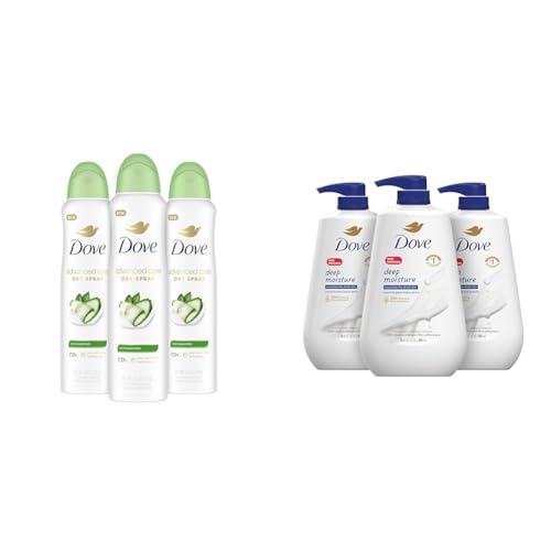 Dove Advanced Care Antiperspirant Deodorant Dry Spray Cool Essentials 3 Count and Deep Moisture Body Wash 30.6 Fl Oz Pack of 3
