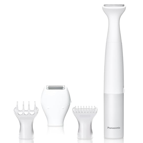 Panasonic Bikini Trimmer and Shaver for Women with 4 Attachments for Fast Easy Gentle Grooming in Intimate Areas, Use Wet/Dry, Electric Razor, Battery-Operated – ES-WV62-H (White/Silver)