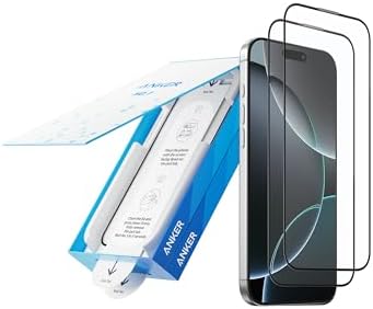 Anker Durable Screen Protector for iPhone 16 Pro (2-Pack), 6.3-Inch Corning Glass Film with Fast and Easy Installation, 8K Ultra HD, 9H Hardness, Scratch and Impact Resistant, 12-Month Warranty