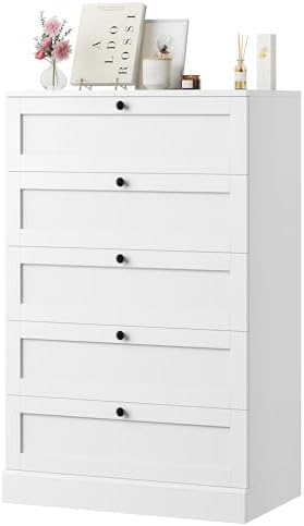 HOSTACK 5 Drawer Dresser for Bedroom, 43.7" Tall Dresser & Chest of Drawers, 29" W Drawer Chest with Metal Handles, Wood Vertical Storage Cabinet for Living Room, Hallway, Entryway, White