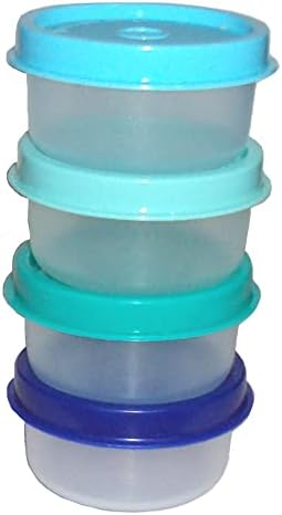 Tupperware Smidgets Tiny Treasure Mini Bowls Set of 4 Clear with Blue Green Teal Seals
