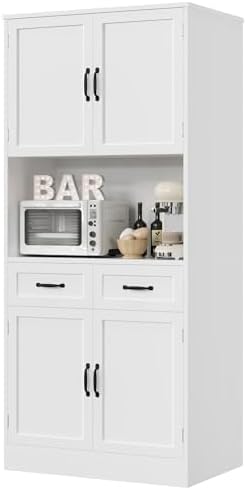 HOSTACK 71“ Tall Kitchen Pantry Storage Cabinet, Modern Kitchen Hutch Bar Cabinet with Microwave Stand, Wood Buffet Sideboard with Hutch, Cupboard with Drawers, Shelves for Dining Room, White
