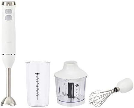 Amazon Basics 300W 4-In-1 Immersion Blender Handheld, Emulsion Blender With Blending Stick, Whisk, Chopper and Beaker, Continuous Speed Control And Turbo Mode, 5-ft Power Cord, White