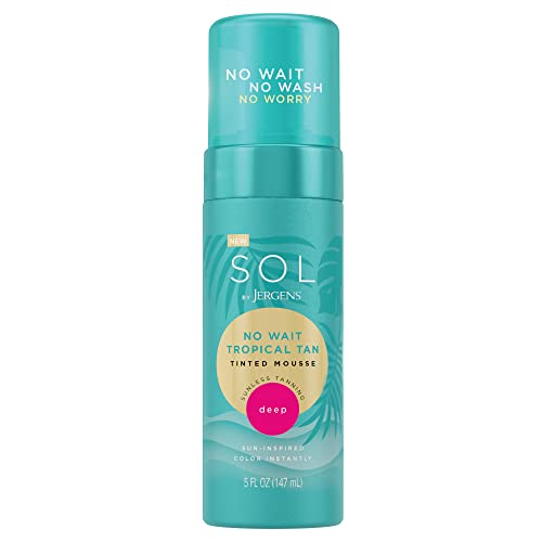 Sol by Jergens, Instant Sunless Self Tanner Mousse, No Wait Tropical Tan Deep Color, No Transfer, 5 Minute Tan, Deep, Cruelty Free, Vegan, Suitable for Sensitive Skin, 5 Oz