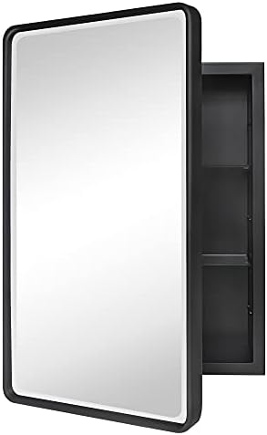 TEHOME Farmhouse Black Metal Framed Recessed Bathroom Medicine Cabinet with Beveled Mirror Rounded Rectangle Bathroom Medicine Cabinet 16x24 inch