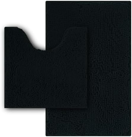 Bathroom Rugs Sets 2 Piece,Super Absorbent Soft,Thick,Machine Washable Chenille Bath Mat,Non Slip Toilet Floor Rug,Bath Mats for Bathroom,20x32 Plus 20x20 U Shape,Black