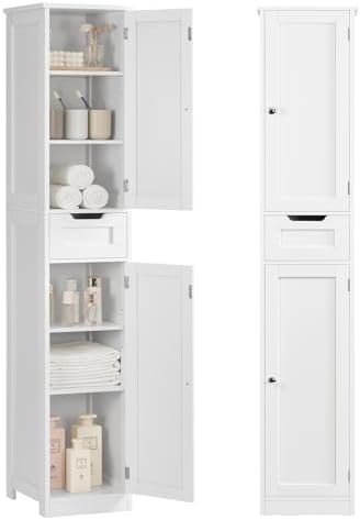 Iwell Tall Bathroom Cabinet, Slim Narrow Bathroom Storage Cabinet with Adjustable Shelves, Storage Cabinets with 1 Drawer, for Bathroom, Living Room, Entryway, Kitchen, White