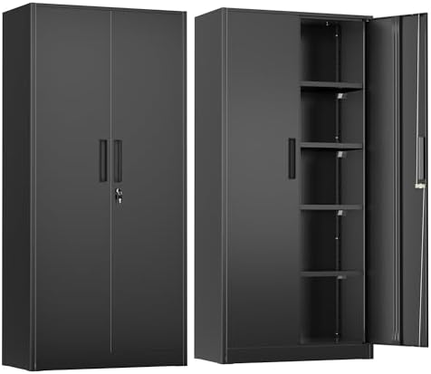 Greenvelly Metal Storage Cabinet, 72" Black Locking Metal Cabinet with 2 Doors and 4 Adjustable Shelves, Lockable Garage Storage Cabinets for Home Office, Garage, Kitchen, Living Room
