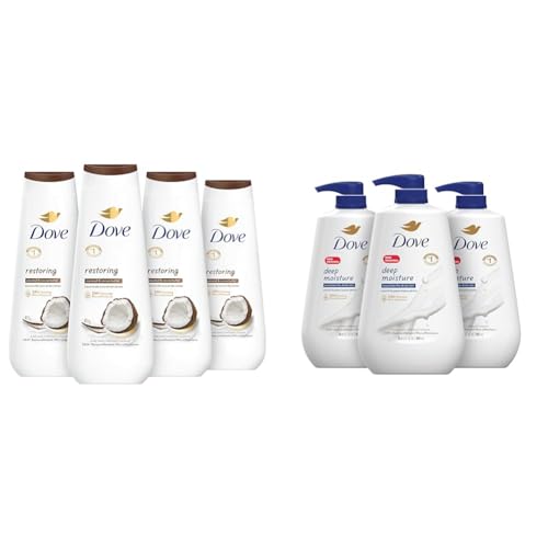 Dove Body Wash Restoring Coconut & Cocoa Butter 4 Count for Renewed & Body Wash with Pump Deep Moisture For Dry Skin Moisturizing Skin Cleanser with 24hr Renewing MicroMoisture