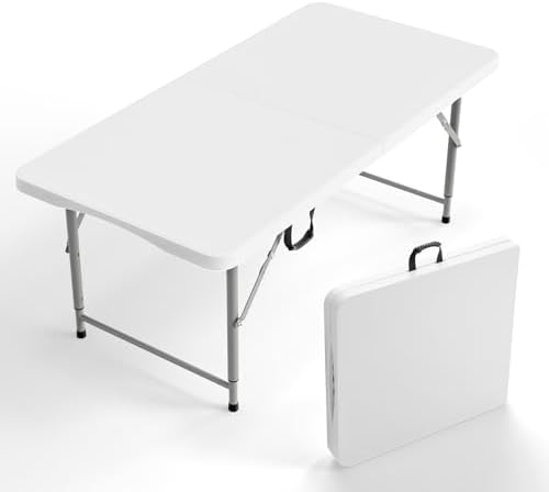 VINGLI 4 FT Plastic Folding Camping Table,3-Level Adjustable Height, Portable in/Outdoor Party Picnic Dining Desk, Garden Soccer Multipurpose Entertaining Activities,White