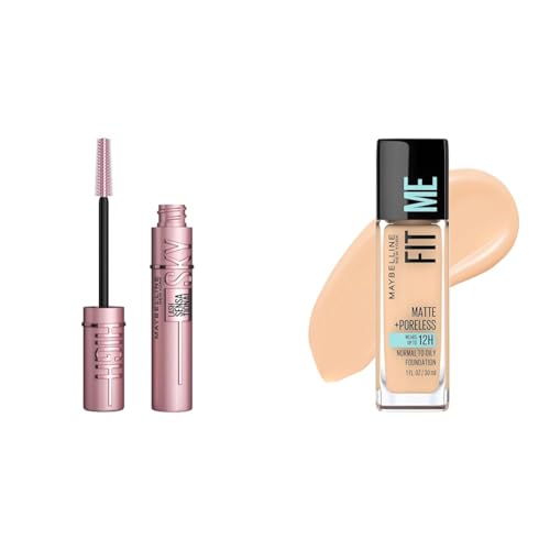 Maybelline Lash Sensational Sky High Mascara and Fit Me Matte + Poreless Foundation Makeup Bundle, 1 Count Each
