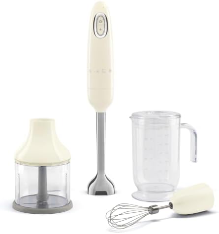 SMEG Handheld Immersion Blender with Beaker, Chopping Bowl w/Lid, Wire Whisk, 5 Speed Controls, made with Stainless Steel Blades and Ergonomic Design (Cream)