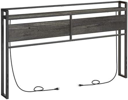 HOOBRO King Size Headboard, Headboard with 2 Outlets and 4 USB Ports, Adjustable Height, Storage Rack, Sturdy and Stable, Easy Assembly, Charcoal Gray and Black