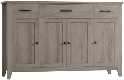 HORSTORS 55" Buffet Cabinet, Modern Farmhouse Sideboard Buffet with Drawers, Large Kitchen Storage Cabinet with Adjustable Shelves, Wood Coffee Bar for Kitchen, Dining Room, Living Room, Grey