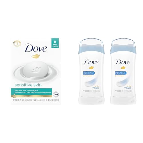 Dove Beauty Bar Fragrance Free Hypoallergenic Gentle Cleanser for Softer Skin Pack of 8 Invisible Solid Antiperspirant Deodorant Stick Original Clean 2 Count