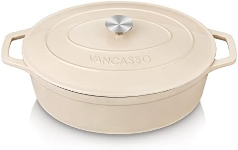 vancasso Enameled Cast Iron Dutch Oven, 9.3 Quart Dutch Oven Pot with Lid, Oval Cast Iron Pot with Non Stick Enamel Coating for Bread Baking, White