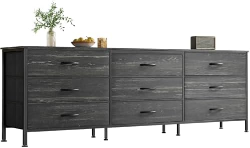 Huuger 63 Inch Dresser for Bedroom, Dresser for Closet with 9 Drawers, Large TV Stand for 55, 65, 70 Inch TV, Entertainment Center, Wide Long Chest of Drawers, Charcoal Black Wood Grain Print
