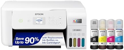Epson EcoTank ET-2800 Wireless Color All-in-One Cartridge-Free Supertank Printer with Scan and Copy – The Ideal Basic Home Printer - White, Medium