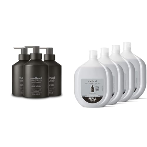 Method Gel Hand Soap, Vetiver + Amber, Reusable Black Aluminum Bottle & Premium Gel Hand Wash Refill, Vetiver + Amber, Recyclable Bottles, Biodegradable Formula, 34 fl oz (Pack of 4)