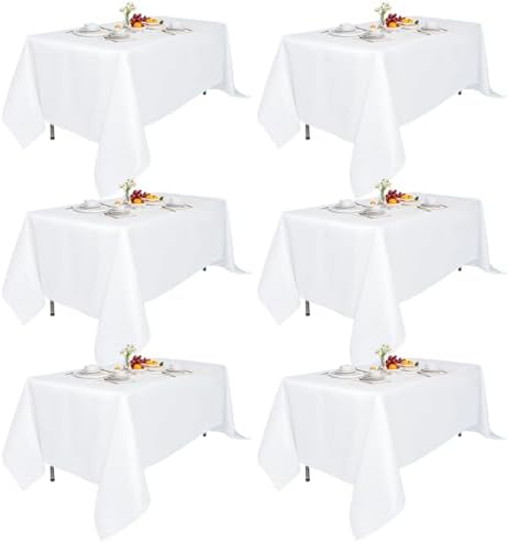 6 Pack 70x120-Inch Rect White Tablecloths-Reusable Polyester Table Covers – Protect from Spills (Not Waterproof) – for Weddings, Banquets, Parties – Ships Folded, Wrinkles Likely, Steam Before Use