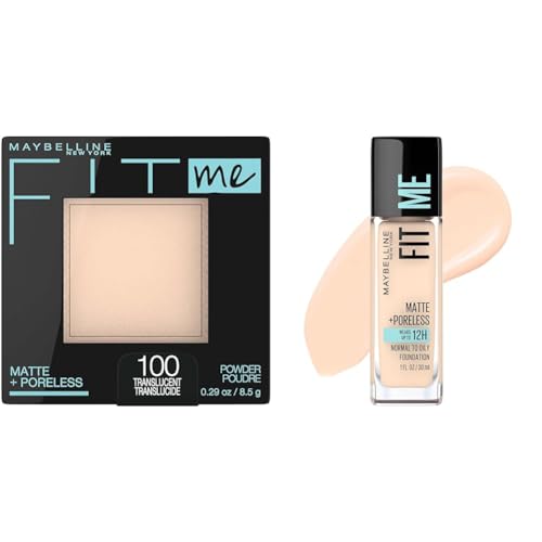 Maybelline Fit Me Matte + Poreless Pressed Powder, Translucent, 1 Count & Fit Me Matte + Poreless Liquid Foundation, Fair Ivory, 1 Count Bundle